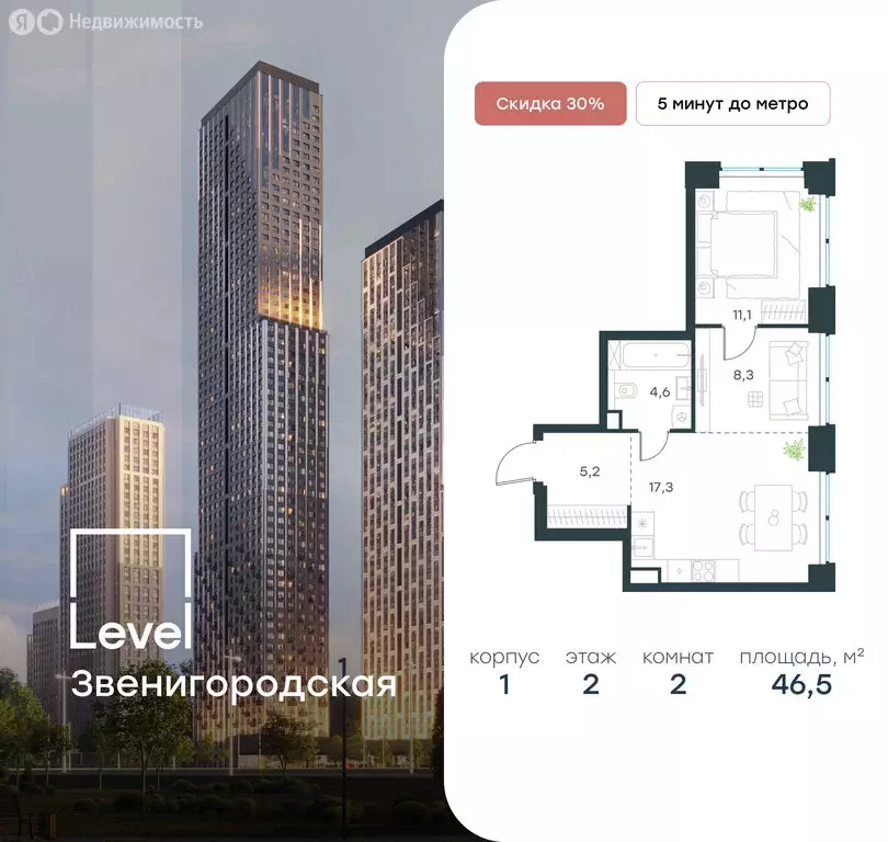2-комнатная квартира: Москва, жилой комплекс Левел Звенигородская, к1 ... - Фото 0
