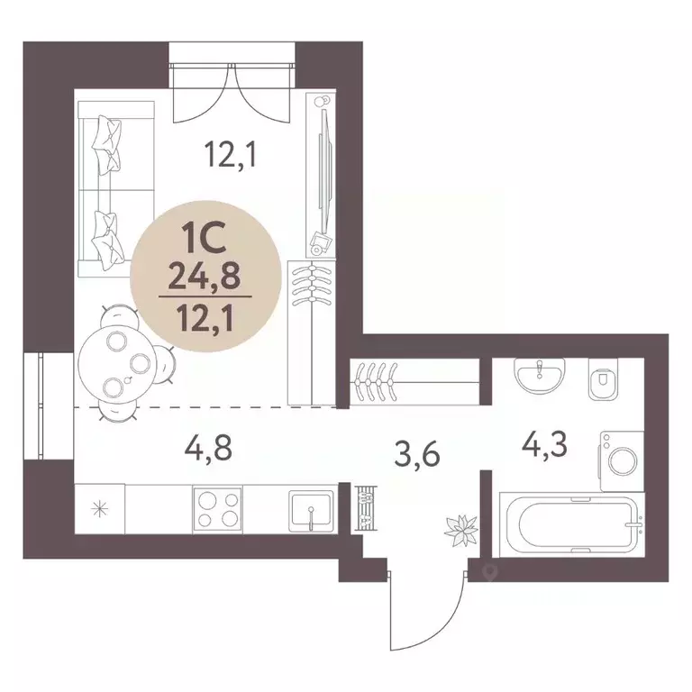 Студия Новосибирская область, Новосибирск  (24.8 м) - Фото 0