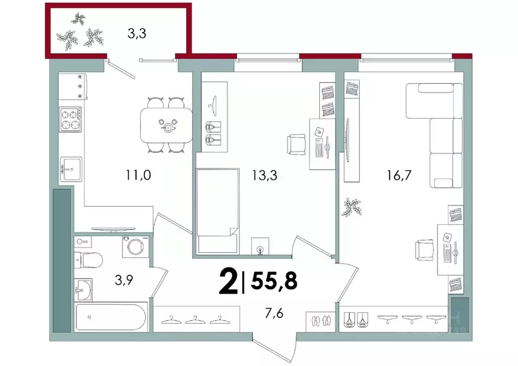 2-к кв. Тверская область, Тверь Южный мкр,  (55.8 м) - Фото 0