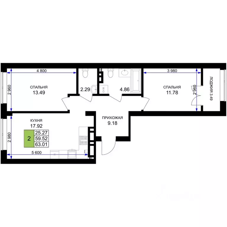 2-к кв. Калининградская область, Гурьевск Включи жилой комплекс (63.01 ... - Фото 1