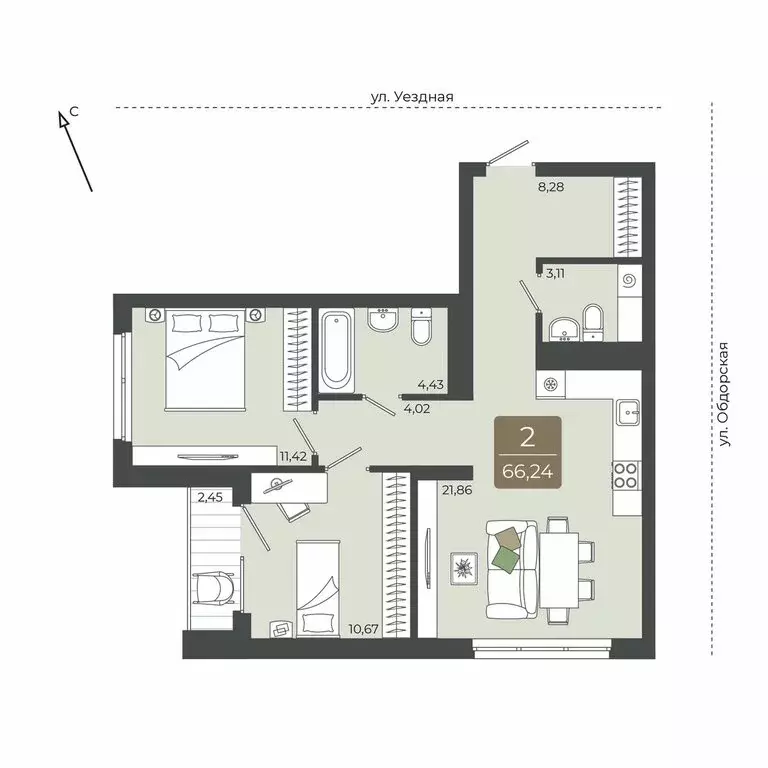 2-комнатная квартира: Тюмень, ЖК Мидгард на Уездной (66.24 м) - Фото 0