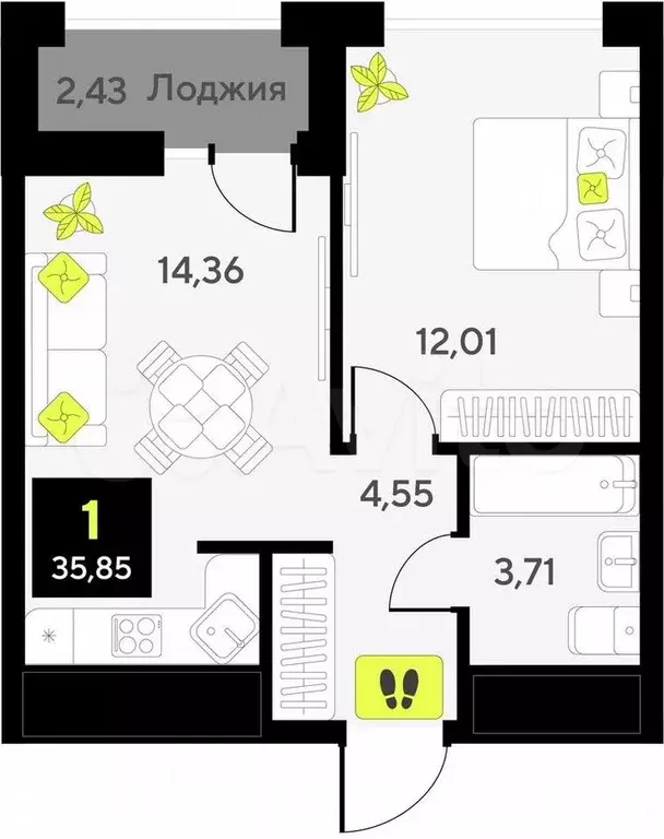 1-к. квартира, 35,9 м, 2/14 эт. - Фото 1