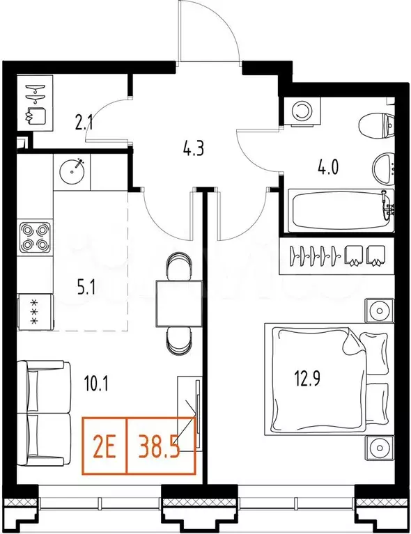 1-к. квартира, 38,5 м, 9/9 эт. - Фото 1