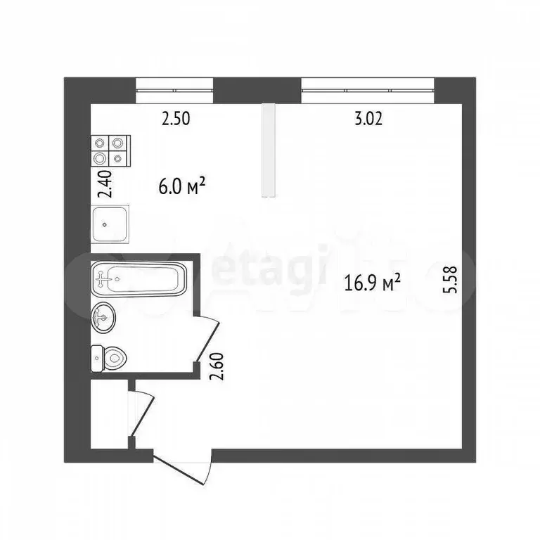 1-к. квартира, 30,1 м, 1/5 эт. - Фото 0