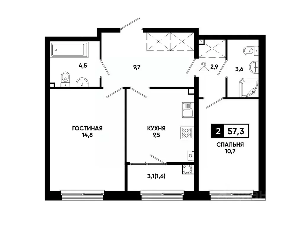 2-к кв. Ставропольский край, Ставрополь ул. Доваторцев, 179В (57.3 м) - Фото 1