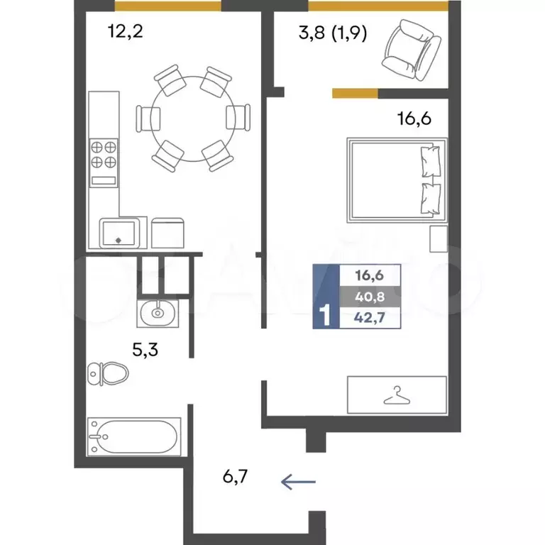 1-к. квартира, 42,7 м, 1/4 эт. - Фото 0