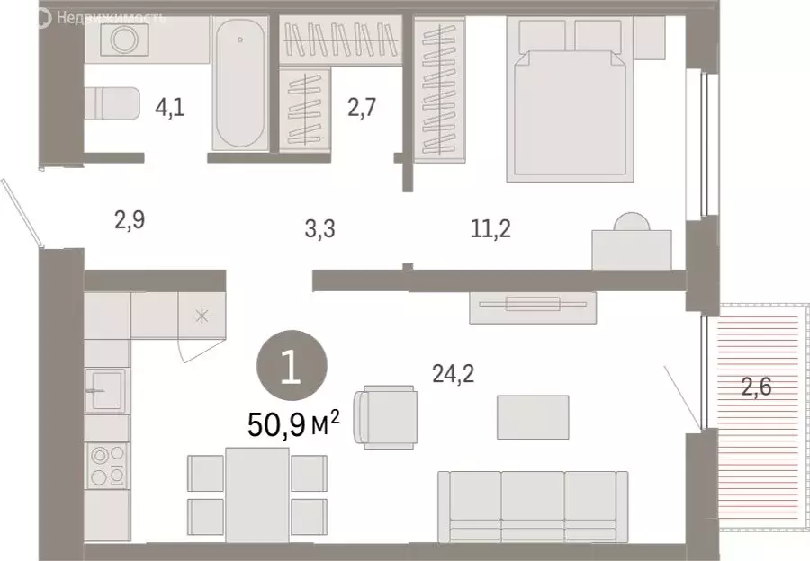 1-комнатная квартира: Тюмень, Мысовская улица, 26к2 (50.94 м) - Фото 1