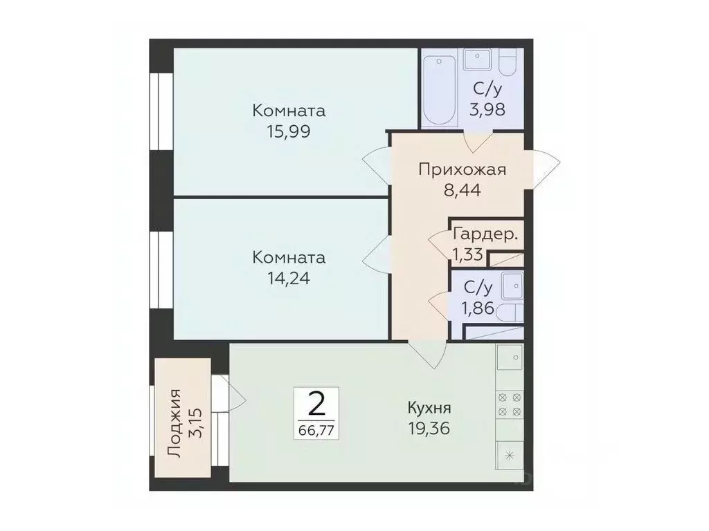 2-к кв. Воронежская область, Воронеж ул. Матросова, 60 (66.77 м) - Фото 0