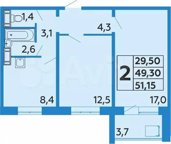 2-к. квартира, 51,2 м, 3/9 эт. - Фото 0