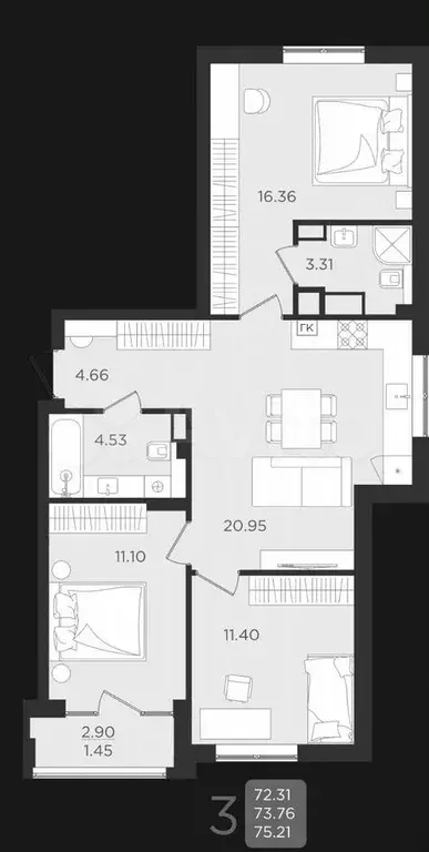 3-к. квартира, 73,8 м, 1/9 эт. - Фото 1