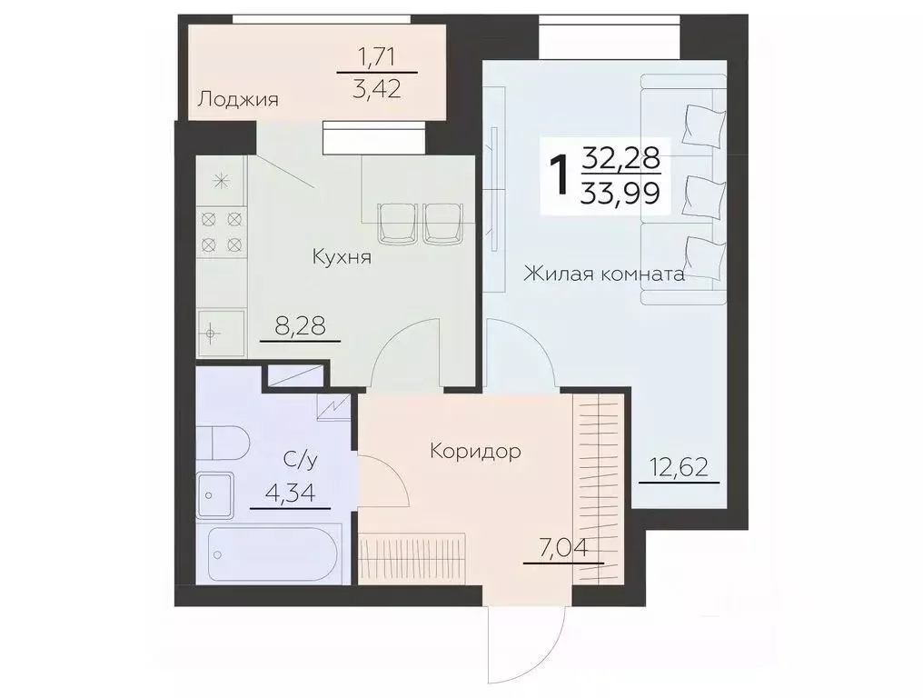 1-к кв. Воронежская область, Воронеж Ленинградская ул., 29Б (33.99 м) - Фото 0