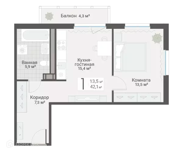 Продаётся 1-к квартира, 42.1 м - Фото 0