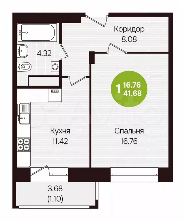 1-к. квартира, 41,7 м, 7/12 эт. - Фото 0