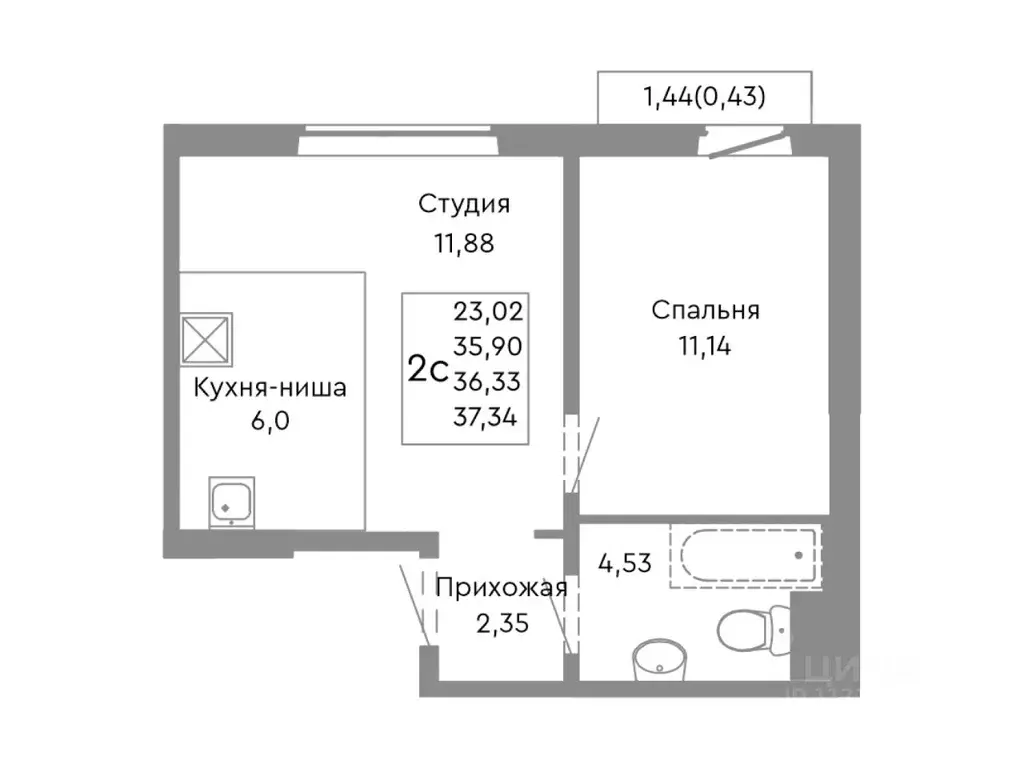 2-к кв. Челябинская область, Челябинск ул. Танкистов, 175 (36.33 м) - Фото 0