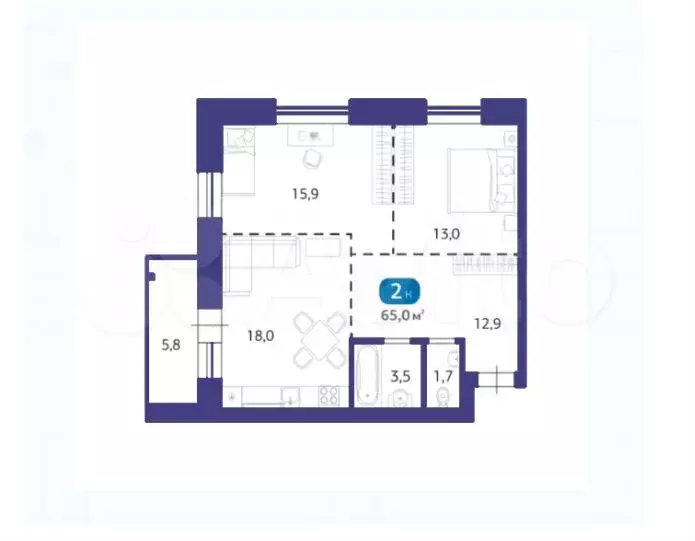 2-к. квартира, 65 м, 6/6 эт. - Фото 1