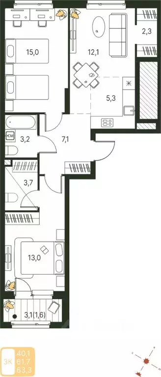 Студия Пермский край, Пермь ул. Серебристая, 1 (63.3 м) - Фото 1
