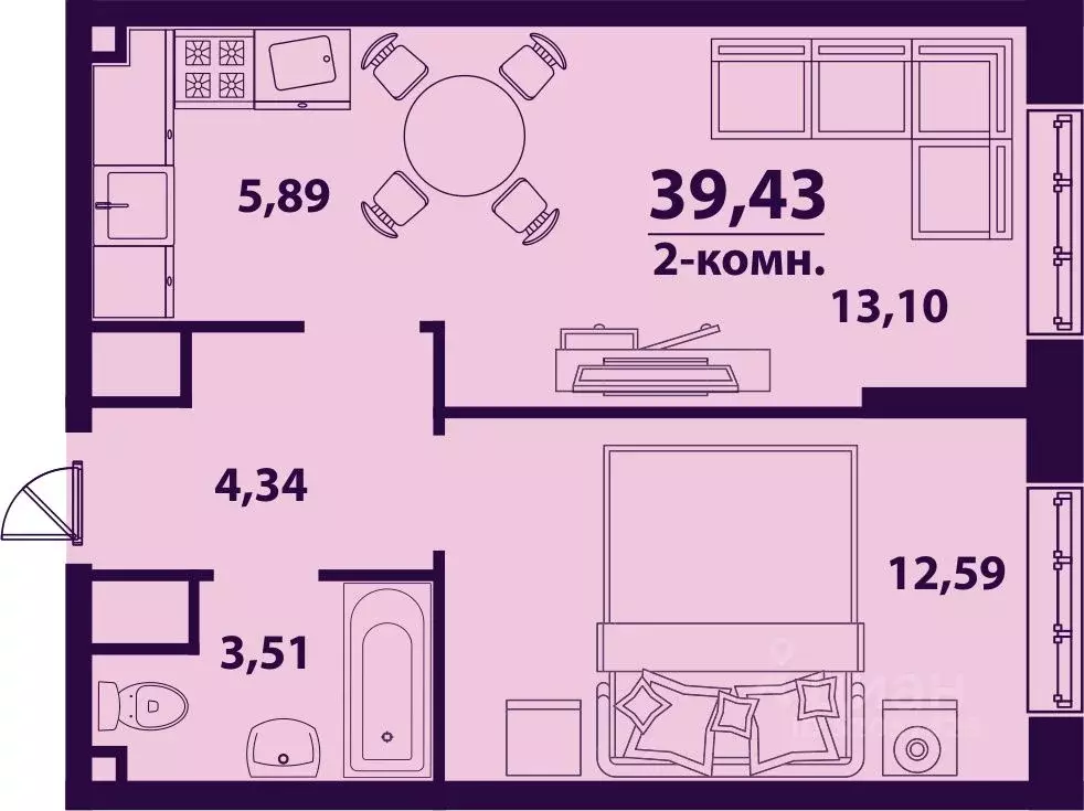 2-к кв. Ульяновская область, Ульяновск ул. Врача Михайлова (39.43 м) - Фото 0