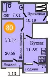 1-к. квартира, 53,7 м, 6/12 эт. - Фото 1