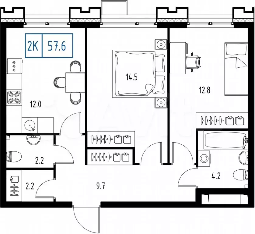 2-к. квартира, 57,6 м, 5/9 эт. - Фото 0