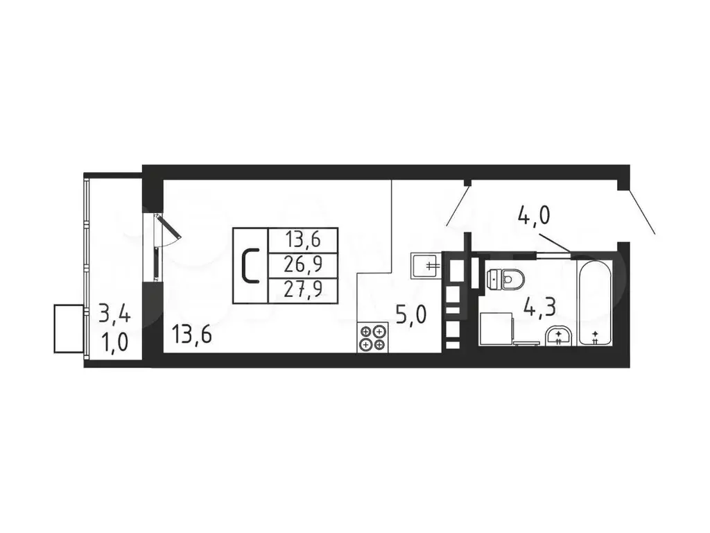 Квартира-студия, 27,9 м, 2/9 эт. - Фото 0