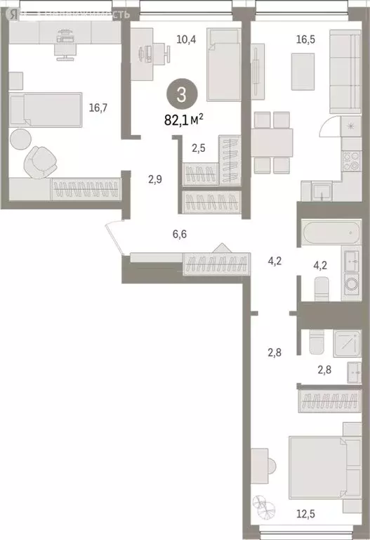 3-комнатная квартира: Тюмень, Мысовская улица, 26к1 (82.06 м) - Фото 1