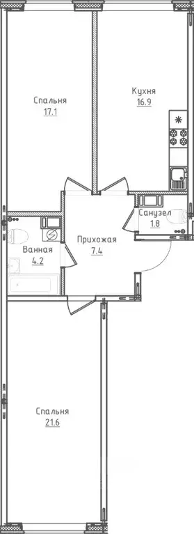 2-к кв. Новгородская область, Великий Новгород ул. Королева, 13 (69.0 ... - Фото 1