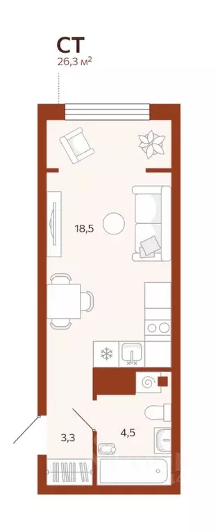 Студия Тюменская область, Тюмень  (26.28 м) - Фото 0