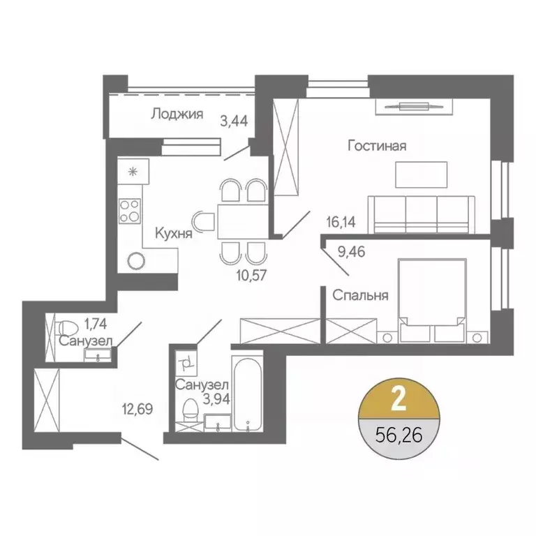 2-к кв. Башкортостан, Стерлитамак ул. Ботаническая, 10 (56.26 м) - Фото 1