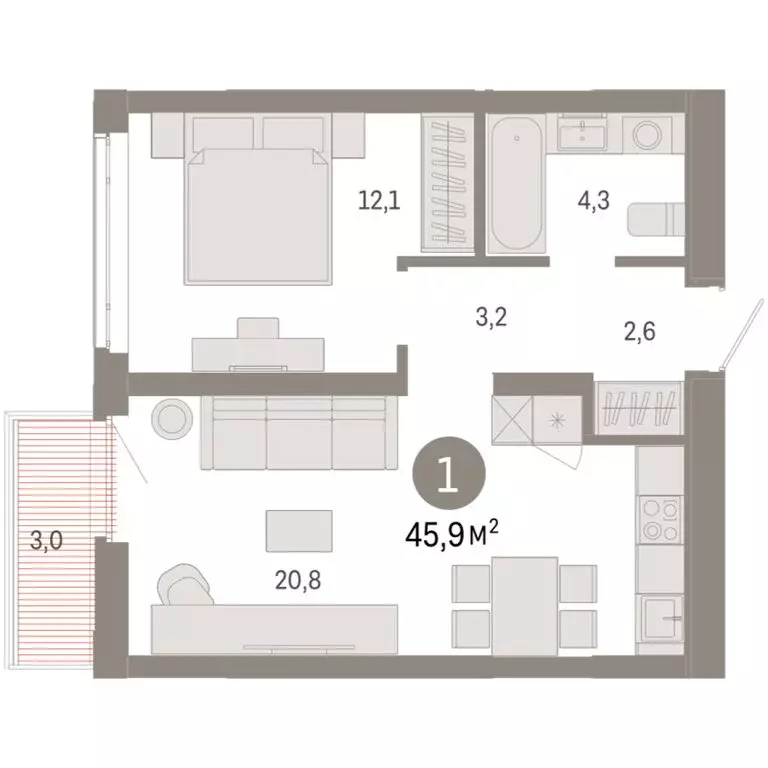 1-комнатная квартира: Тюмень, улица Республики, 205к3 (45.89 м) - Фото 1