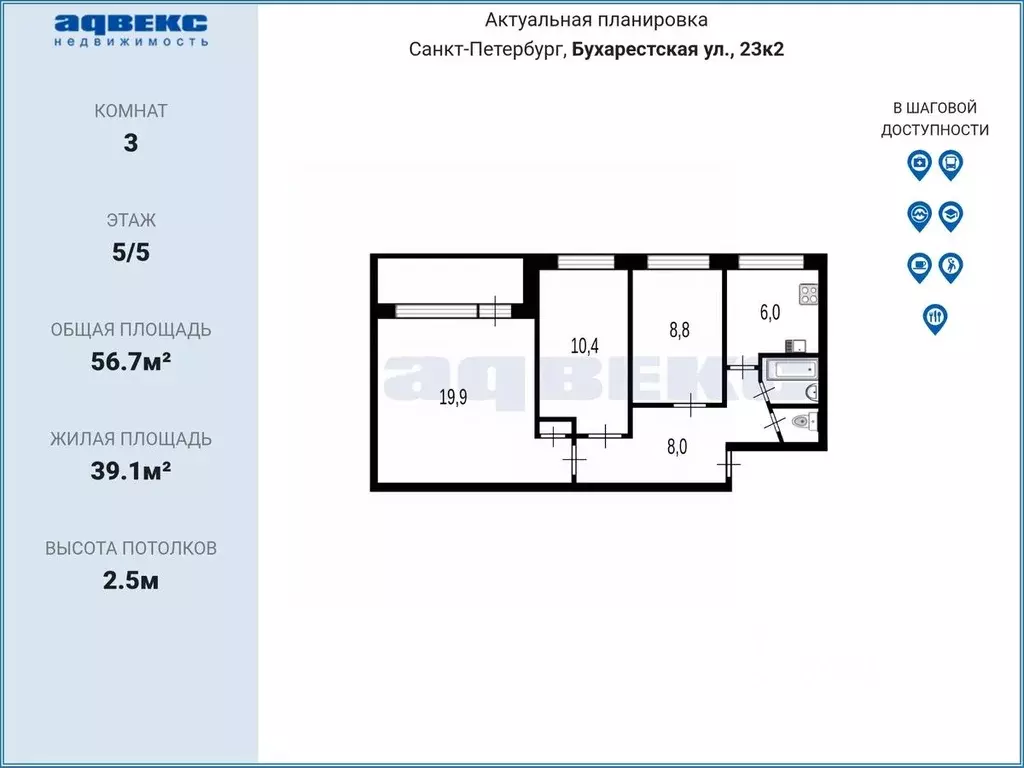 3-к кв. Санкт-Петербург Бухарестская ул., 23К2 (56.7 м) - Фото 2