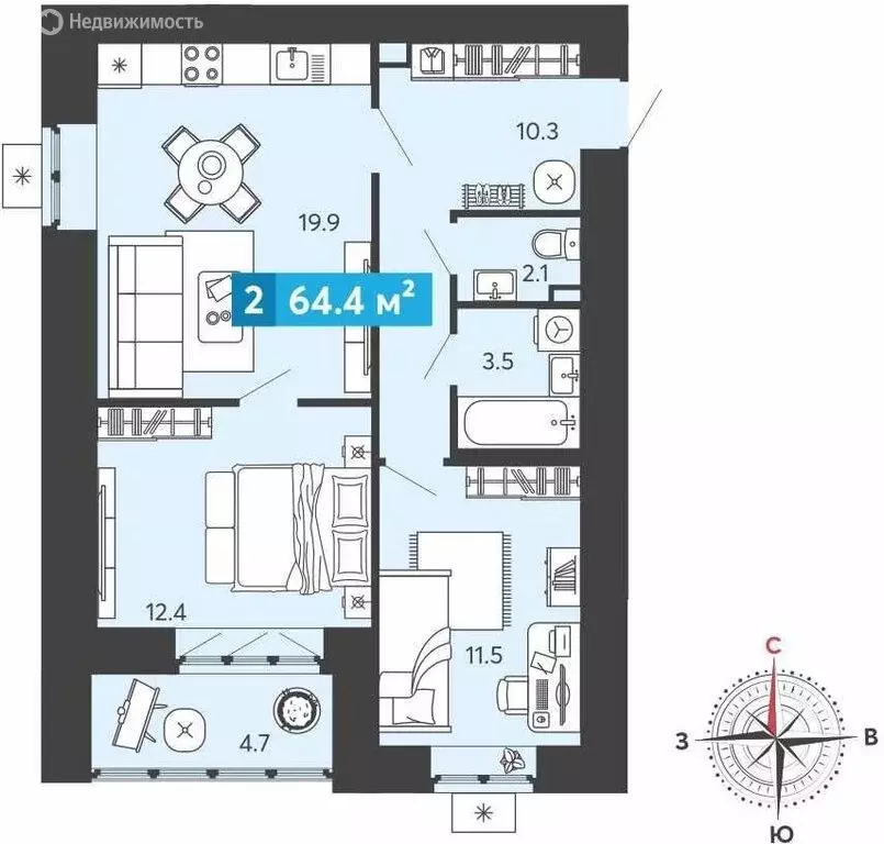2-комнатная квартира: Засечное, Прибрежный бульвар, 5 (64.4 м) - Фото 1