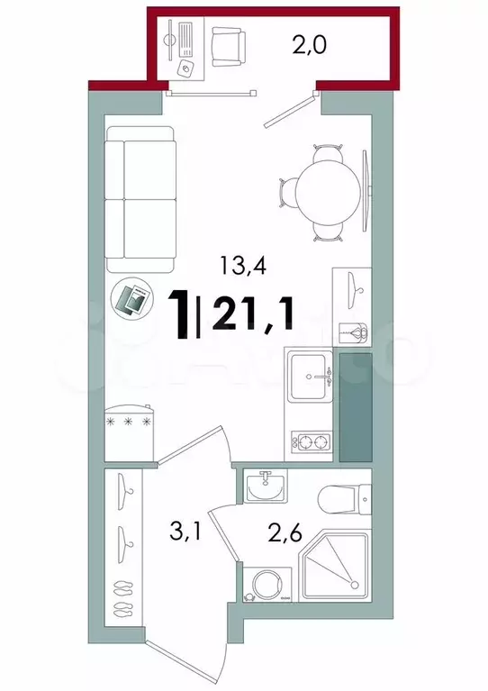Квартира-студия, 21,1 м, 7/16 эт. - Фото 1