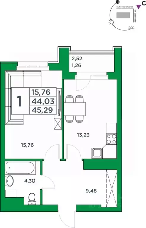 1-к кв. Башкортостан, Уфа Комсомольская ул., 8 (44.03 м) - Фото 1