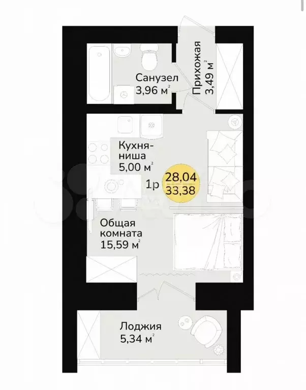 1-к. квартира, 34 м, 7/9 эт. - Фото 1