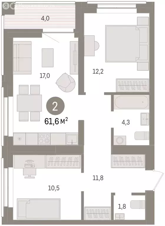 2-комнатная квартира: Тюмень, жилой комплекс Речной Порт (61.6 м) - Фото 1