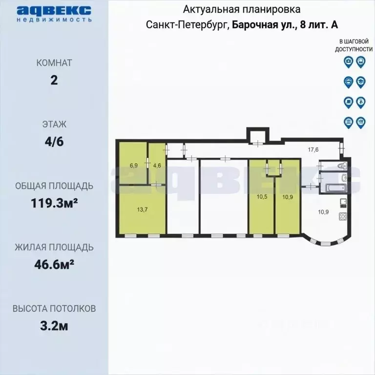 Комната Санкт-Петербург Барочная ул., 8 (46.6 м) - Фото 2