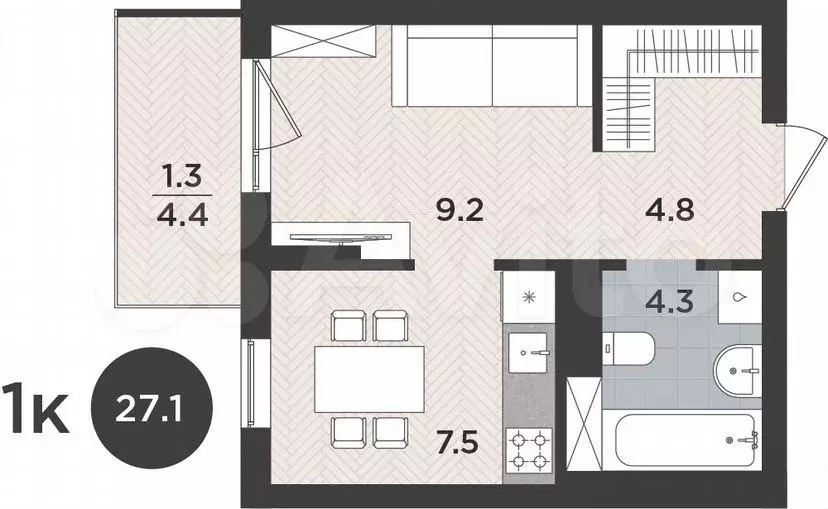 1-к. квартира, 27,1м, 8/9эт. - Фото 1