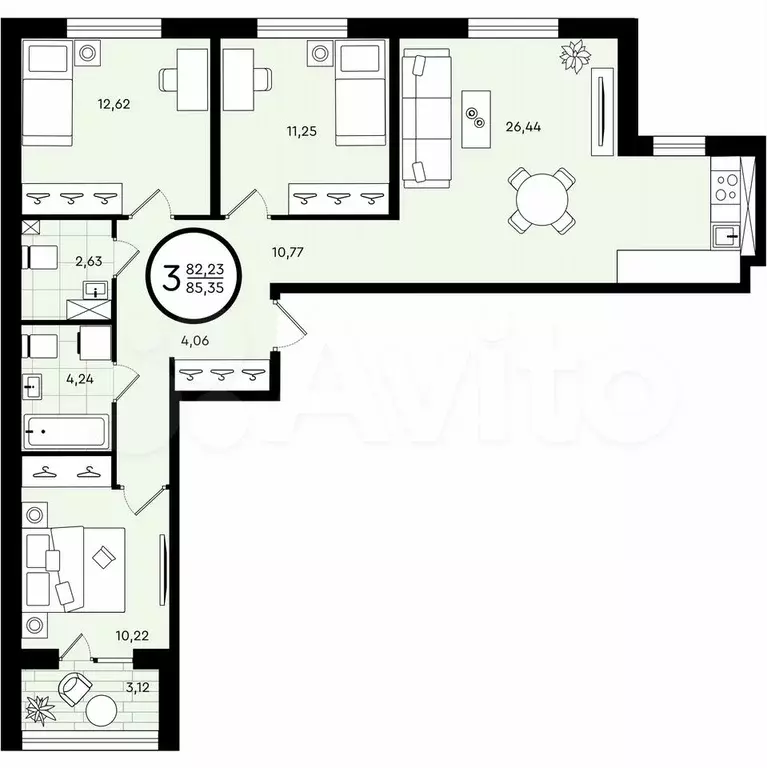 3-к. квартира, 85,4 м, 3/4 эт. - Фото 0