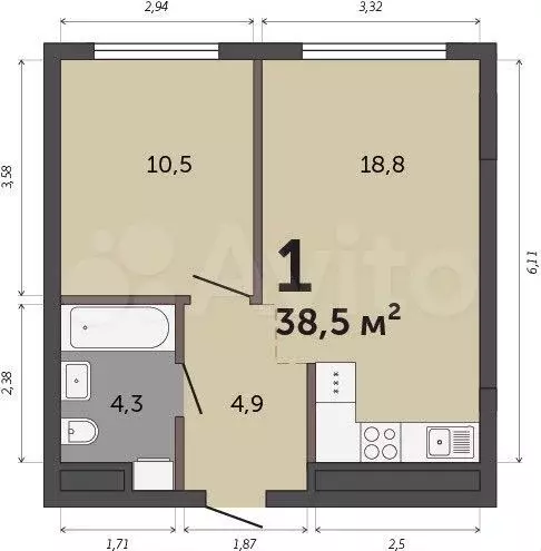 1-к. квартира, 38,5 м, 3/32 эт. - Фото 0