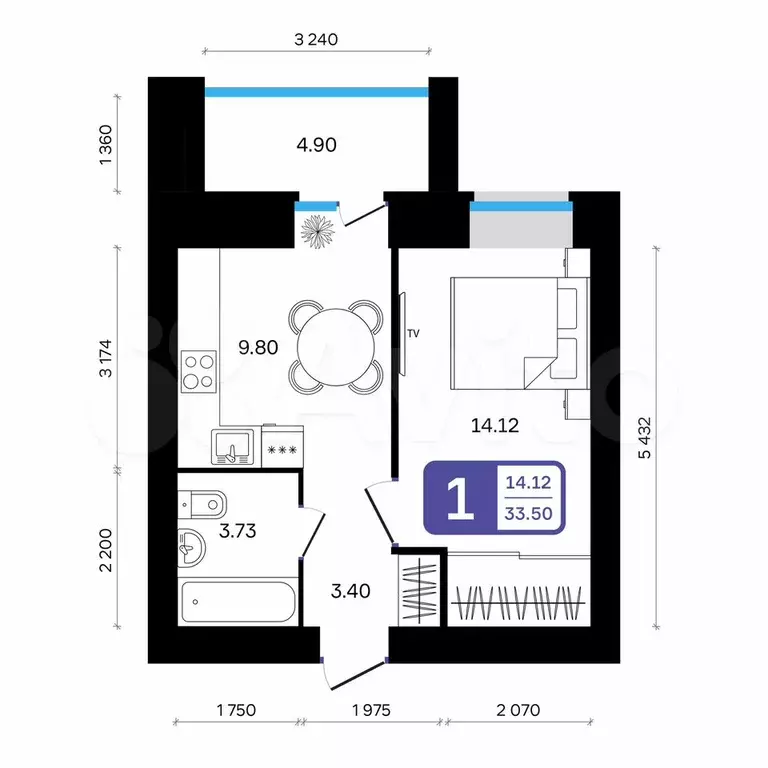 1-к. квартира, 33,5 м, 3/9 эт. - Фото 0
