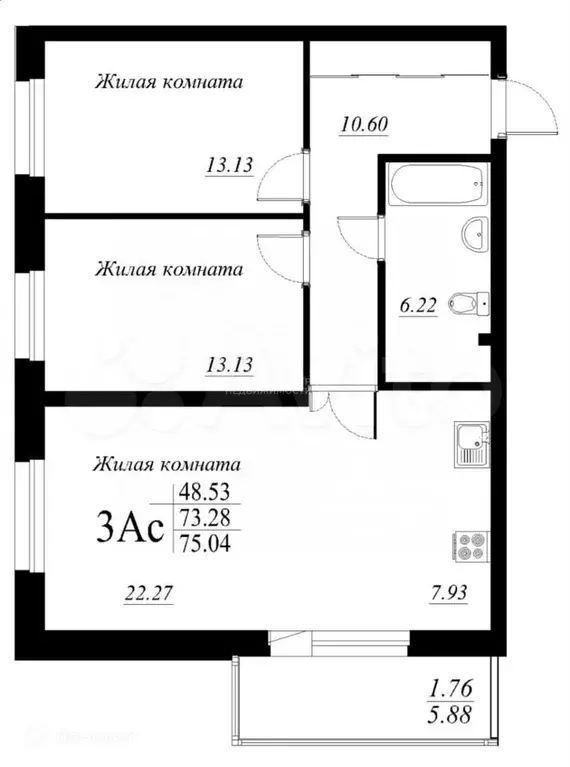 3-к. квартира, 73,5 м, 13/24 эт. - Фото 1