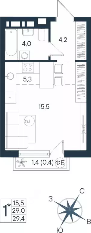 Студия Пермский край, Пермь ул. Космонавта Беляева, 17 (29.4 м) - Фото 1