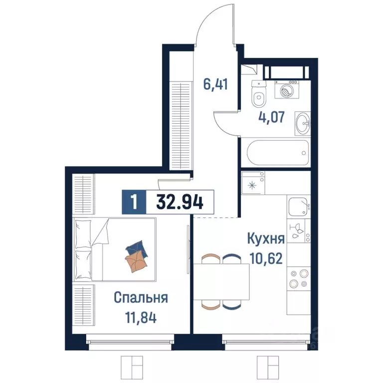 1-к кв. Ленинградская область, Мурино Всеволожский район,  (32.94 м) - Фото 0