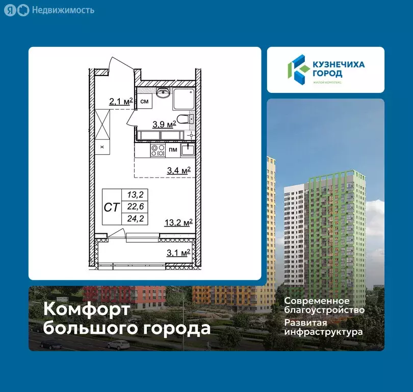 Квартира-студия: Нижний Новгород, ЖК Кузнечиха Город, 13 (24.2 м) - Фото 1