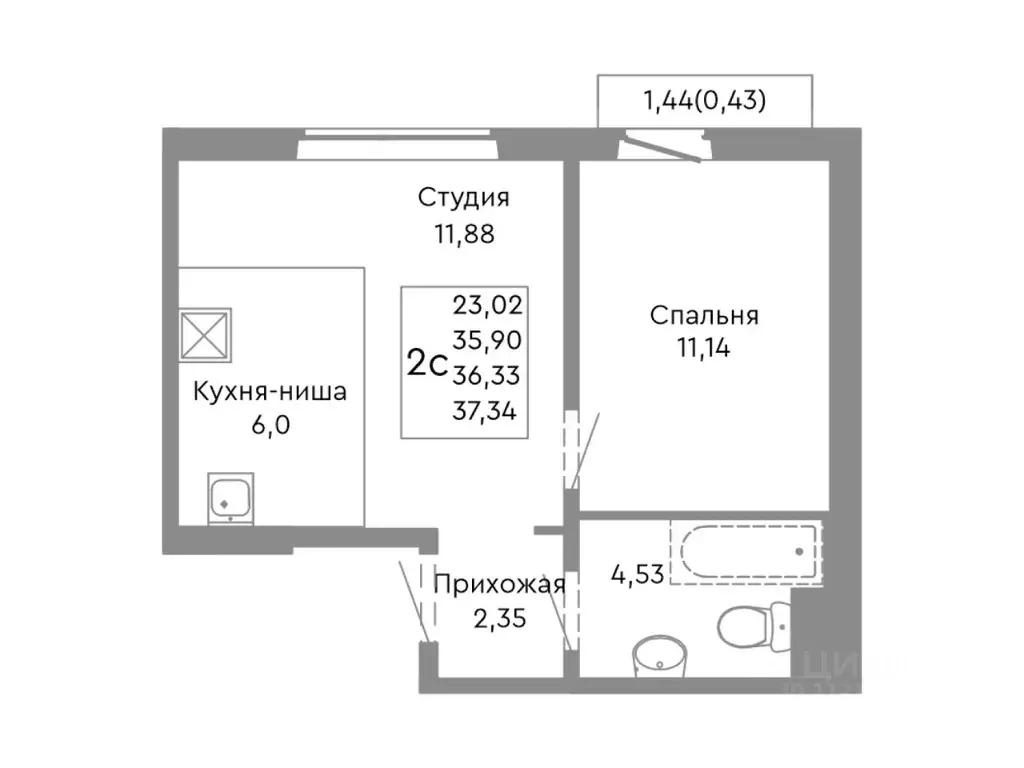 2-к кв. Челябинская область, Челябинск ул. Танкистов, 175 (36.33 м) - Фото 0