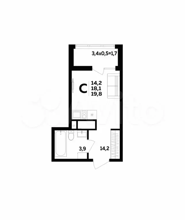 Квартира-студия, 19,8 м, 15/16 эт. - Фото 1