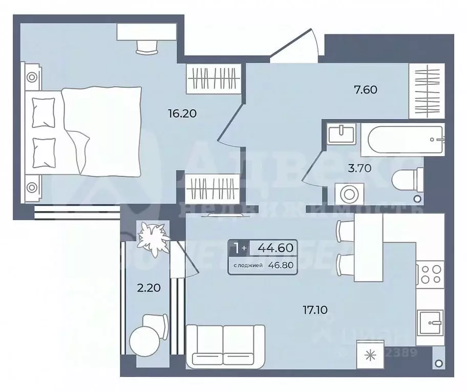 1-к кв. Тюменская область, Тюмень ул. Энергетиков, 42Б (45.1 м) - Фото 2