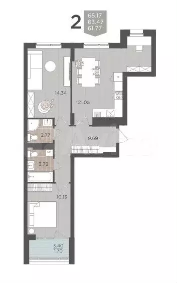 2-к. квартира, 65,2 м, 3/9 эт. - Фото 1