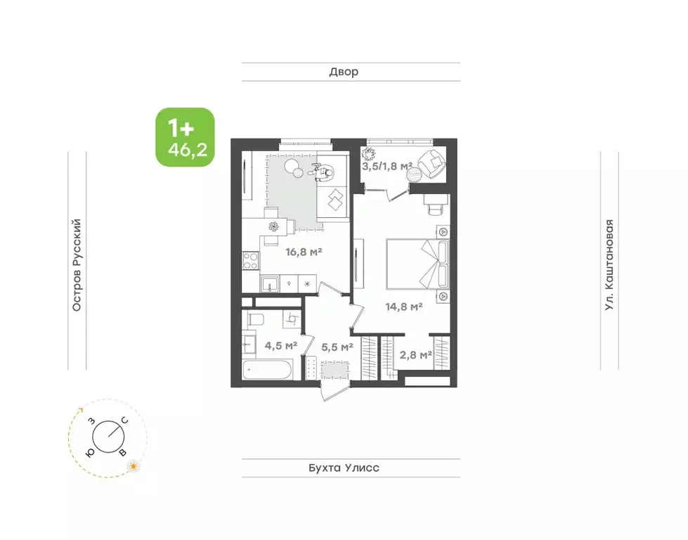 2-к кв. Приморский край, Владивосток ул. 3-я Поселковая, 16/2 (46.2 м) - Фото 1