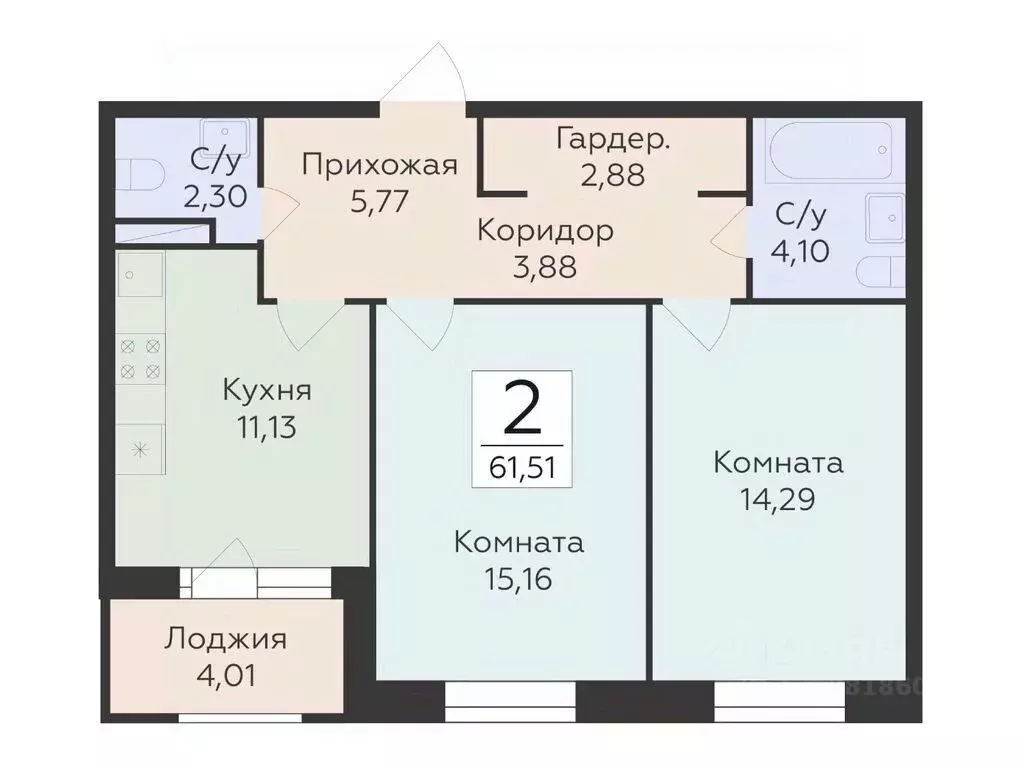 2-к кв. Воронежская область, Воронеж ул. Матросова, 60 (61.51 м) - Фото 0